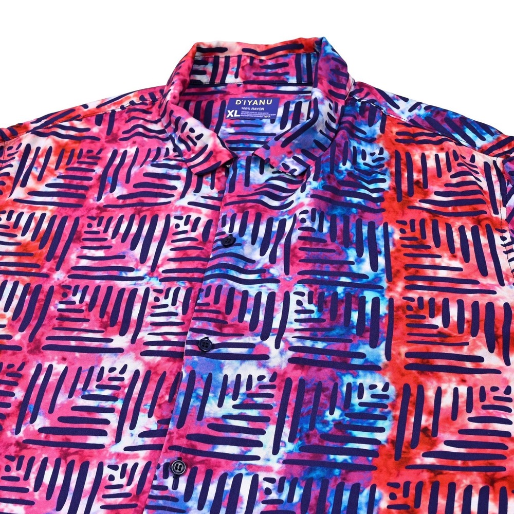 D'Iyanu‎ Shirt Men's XL Abstract Geometric Button-Up Unique Colorful 100% Rayon